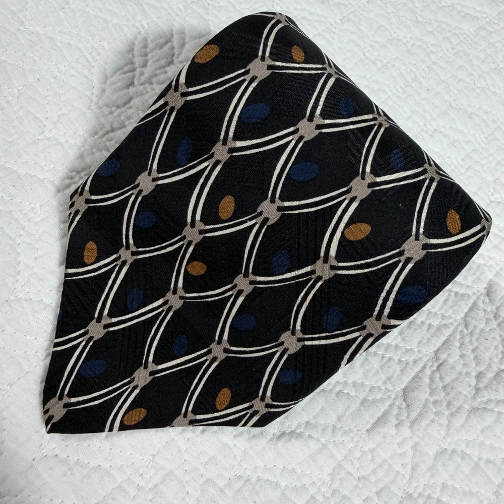 Gianfranco Ruffini Mens Necktie Geometric Lattice Silk Black Gold 57"x3.75" EUC